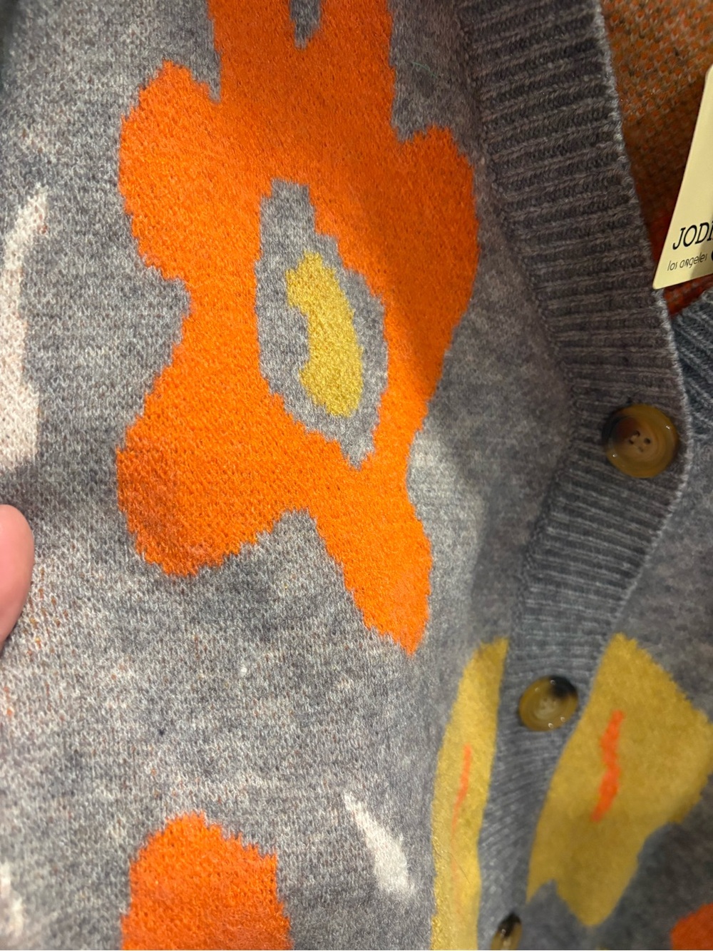 Floral V-Neck Cardigan Sweater - Gray with Orange & Yellow Blooms - Picture 3 of 6